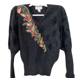 Vintage Side Effects Beaded wool/ Angora + women’s Sz S Black multi color beads